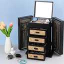 Jewelry Organizer, Rattan Jewelry Box, 5 Layer Wooden Jewelry Organizer Box with Mirror, Jewelry Boxes with 4 Drawers for Women Men, Black Jewelry Storage for Rings Earrings Necklaces Bracelets Watch