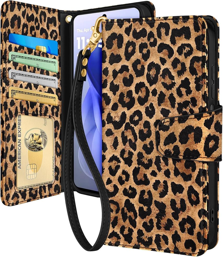 Toycamp for Moto G Power 2025/Play 2025 Wallet Case - with Wrist Strap Leather Flip Folio Phone Case with RFID Blocking 4 Card Holder for Motorola Power/Play 2025 Aesthetic for Women, Leopard Print