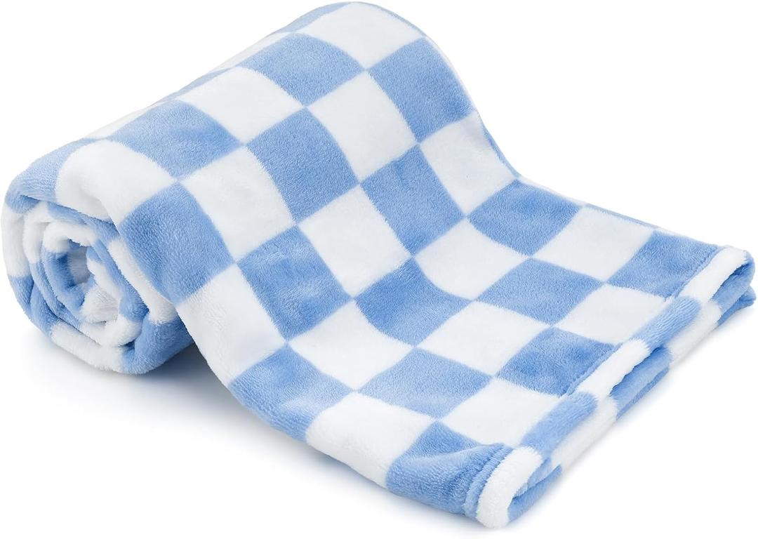 Plush Checkered Baby Blanket for Boys Girls Nursery, 30"*40" Warm Short Fleece Blanket Neutral for Infant Newborn, Small Fuzzy for Sleeping, Chenille Baby for Stroller (Blue & White)
