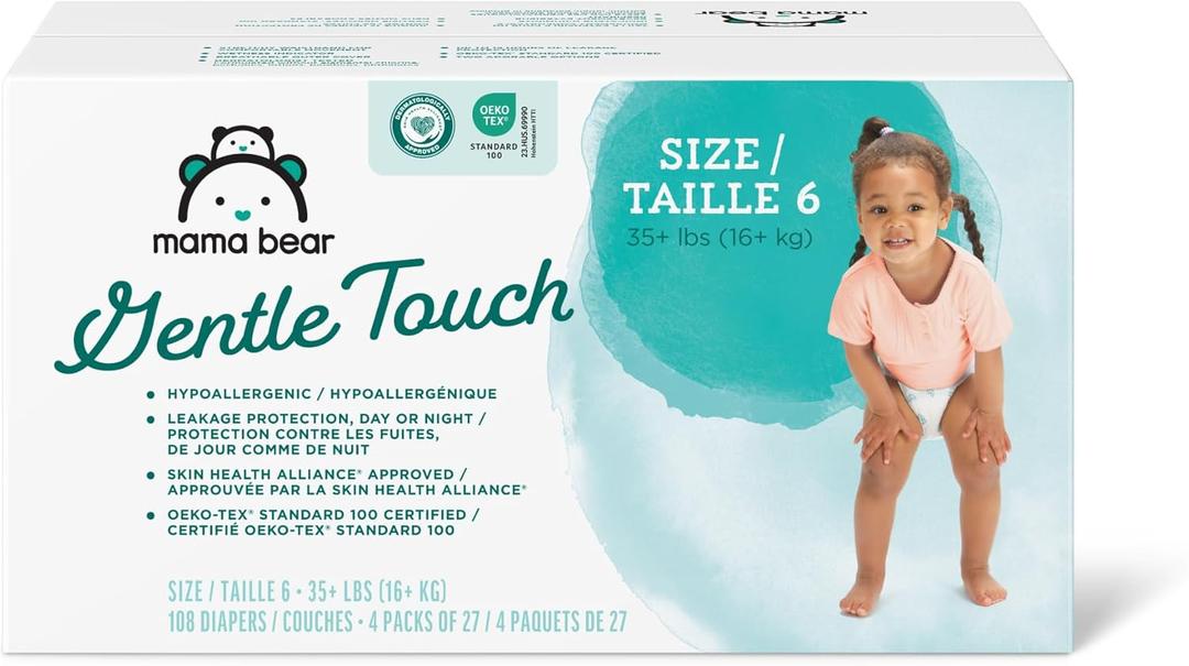Amazon Brand - Mama Bear Gentle Touch Diapers, Hypoallergenic, Size 6, 108 Count (4 packs of 27), White