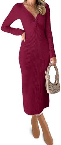 RAISECOM Womens Ribbed Knit Maxi Dresses Long Sleeve V Neck Casual Sweater Dress Bodycon Midi Dress Size Unknown