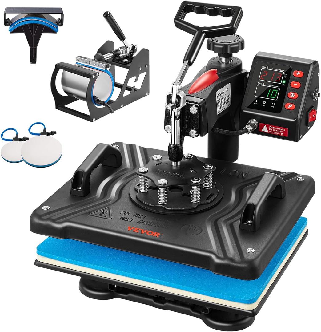 VEVOR 5 in 1 Heat Press Machine 12x15 Inch, 360 Swing Away Shirt Press Machine - Digital Professional Heat Transfer Tshirt Press Machine, Sublimation Heat Press for T Shirts Hat Cap Mug Plate