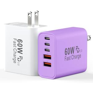 USB C Fast Charger Block, 60W 5-Port USB C Wall Charging Blocks, Type C Chargers Fast Charging Brick, 3USB C+2USB A PD&QC3.0 Multiport Charger Plug for Phone 17/16/15/14/13 Pro Max, White+Purple