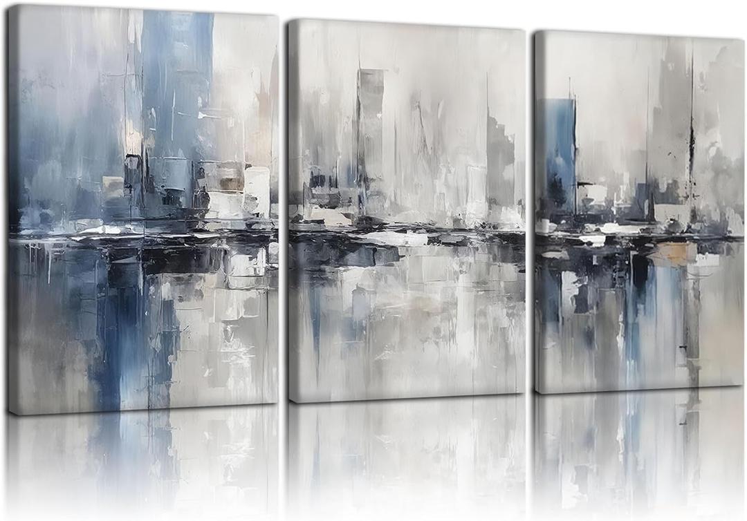 RUURUU 3Pcs Framed Blue Gray Abstract Canvas Wall Art Cityscape Pictures Wall Decor for Living Room Decoration Large Modern Artwork Paintings Prints for Bedroom Home Office Wall Decor 16x24inch
