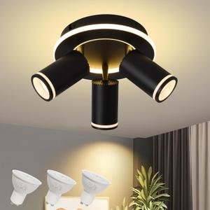 LED 3 Light Track Lighting Kit, Black Round Ceiling Spot Lighting Fixture with Flexibly Rotatable Heads, Modern Spotlight for Kitchen, Living Room, Bedroom, Dual Lighting Design,Includes 3 x GU10 Bulb