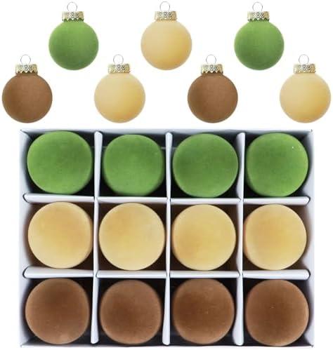 Velvet Ornaments for Christmas Tree 12 PCS Flocked Christmas Balls Ornament 2.36 Inch Velvet Xmas Ornaments Xmas Tree Decoration Shatterproof Xmas Ornament for Holiday (Brown, Green, Beige), Set of 2