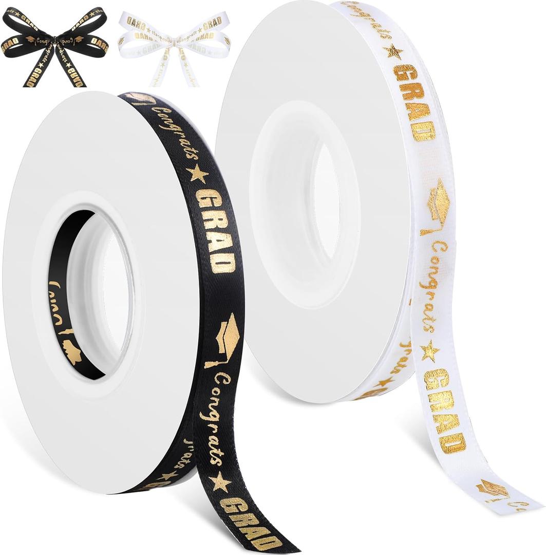 2 Rolls 50 Yards 2026 Graduation Ribbon 3/8 Inch Black White Congrats Grad Gold Stain Ribbon for Gifts Wrapping Bouquet Hair Bow Leis Accessory Crafting Sewing Graduation Decoration