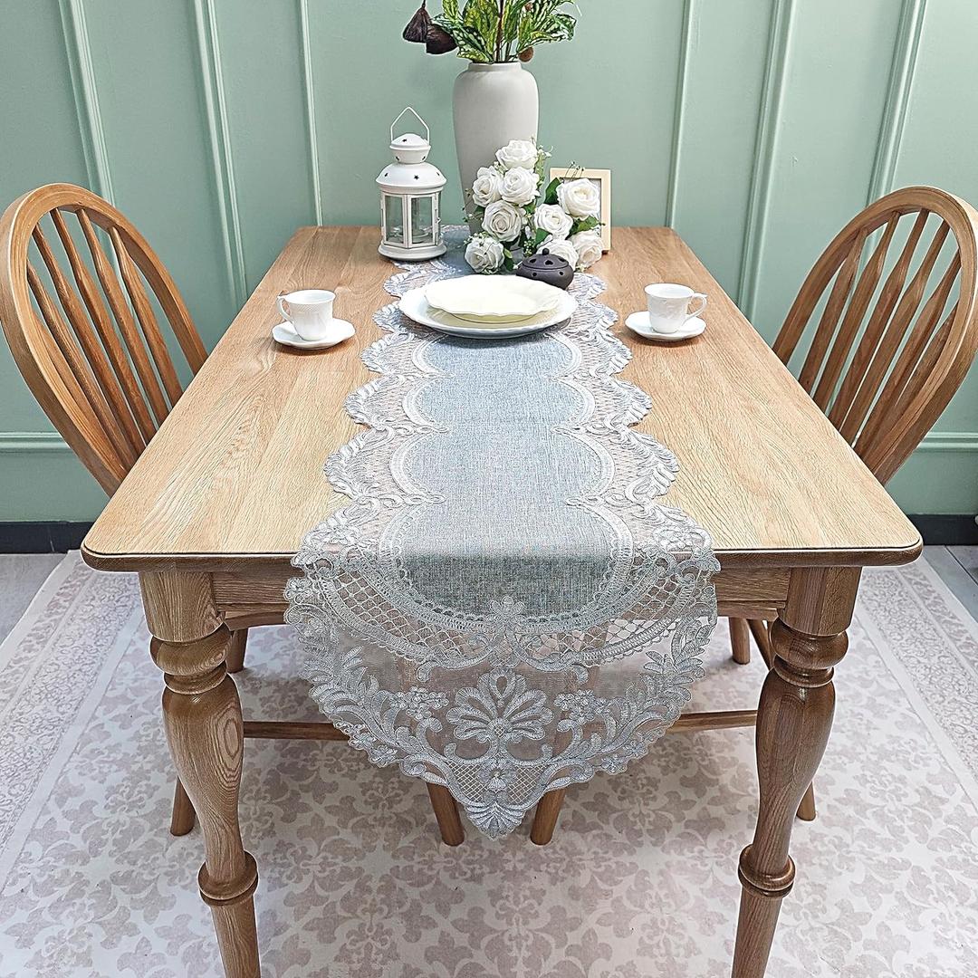 Elegant Vintage Lace Table Runner 36 inches(90cm) Long Grey Silver with Exquisite Macrame and Embroidered Floral Pattern Perfect as a Dresser Scarf (14X36'')