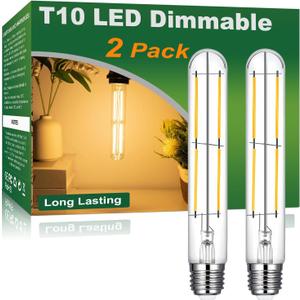 Vinaco T10 Tube Bulb LED 6W Equal. 60W, 2 Pack 7.3 Inch T10 Tubular Light Bulbs E26 Dimmable 2700K Warm White, Clear Glass T10/T30 LED Edison Bulb for Sconce, Floor Lamp, Tall Island Pendant Lamp