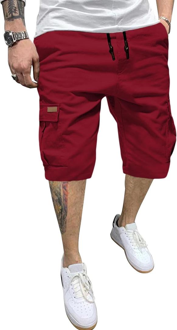JMIERR Mens Casual Cotton Twill Cargo Shorts Drawstring Classic Chino Stretch Short with 6 Pockets (Red, Size 40)
