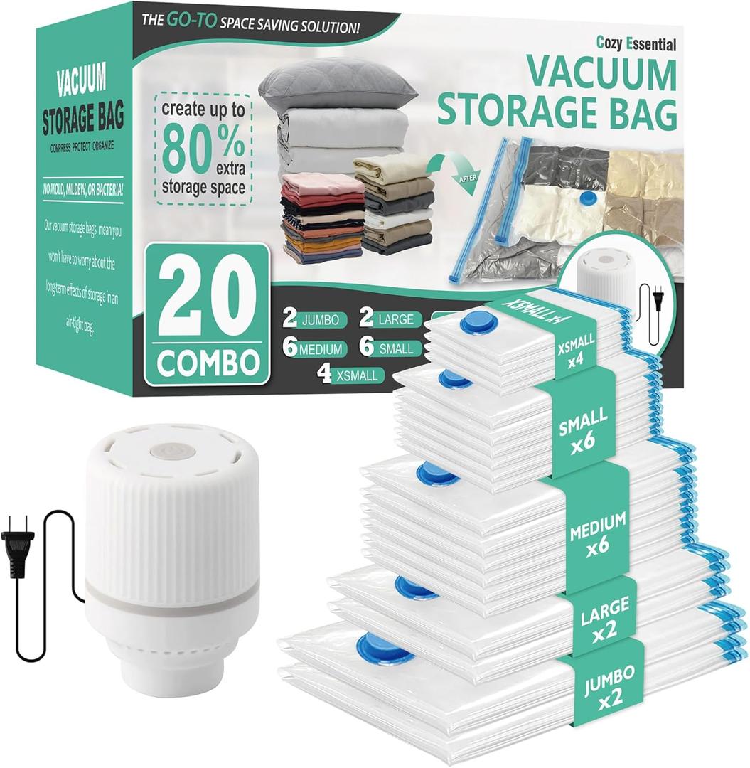 Cozy Essential 20 Pack Vacuum Storage Bags with Electric Pump, Vacuum Seal Bags for Clothing, Pillows, Blanket Bedding Comforters