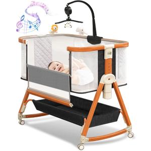 3 in 1 Bassinet,Baby Bassinets Bedside Sleeper with Musical Toy,Adjustable Height Bedside Bassinet for Baby with Wheels and Storage Basket,4-Sided Mesh Bedside Crib for Newborn 0-6 Months (Black)