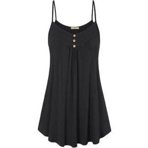 Viracy Women's Summer Button V Neck Pleated Spaghetti Strap Camisole Tank Tops, (XX-Large, 01-black)