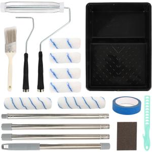 17 Pcs Paint Roller Kit with Long Extension Pole, Microfiber Paint Kit for House Painting - Paint Rollers 9 Inch, Mini Wall Paint Roller Covers, Paint Brush, Frame, Tray, Painters Tape, Sanding Block