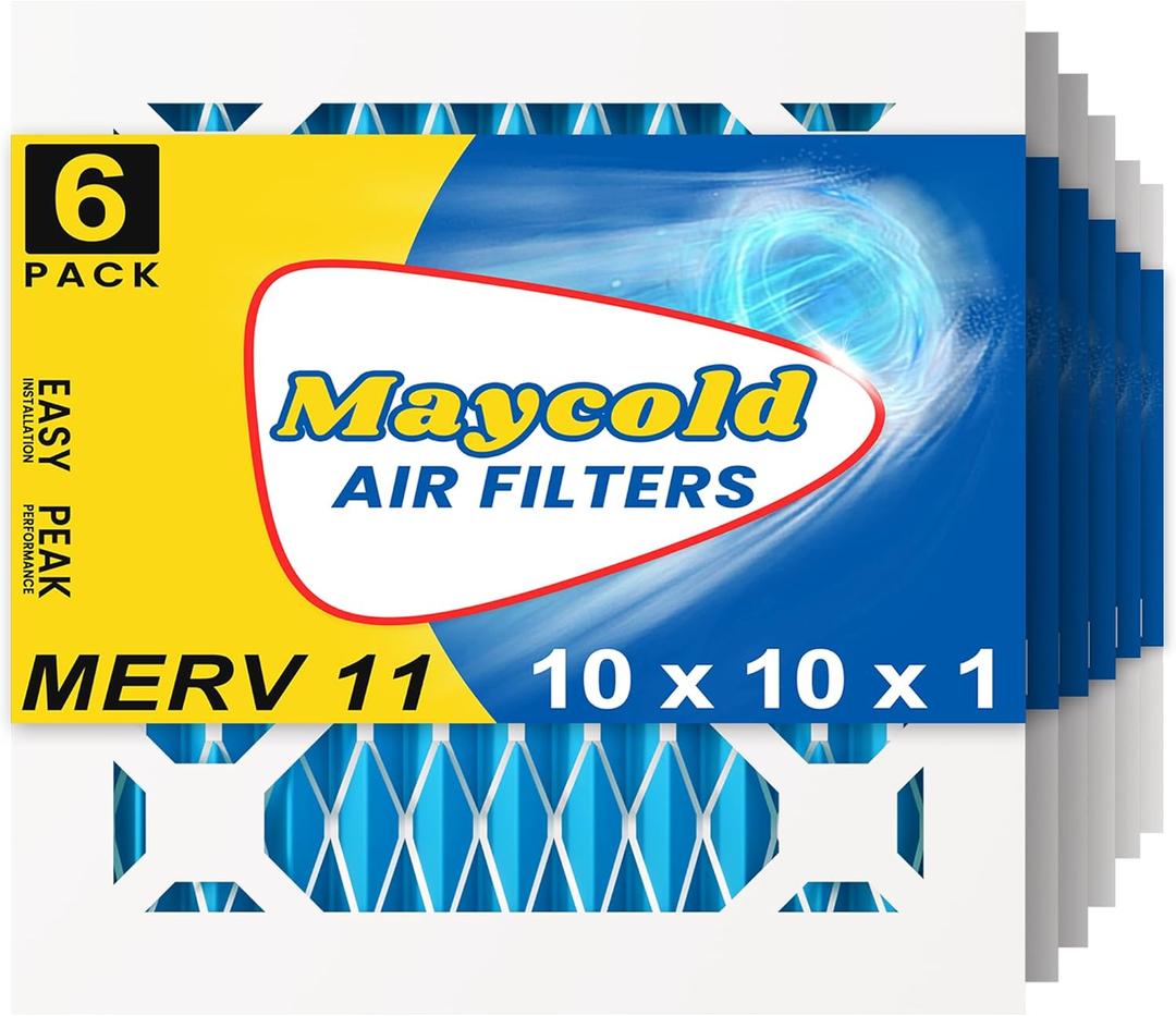 Maycold MERV 8 10x10x1 Furnace Air Filters (6-Pack), Pleated HVAC AC Filters Actual Size 9.70 x 9.70 x 0.75, For Residential or Office Use, Individually Wrapped in Plastic