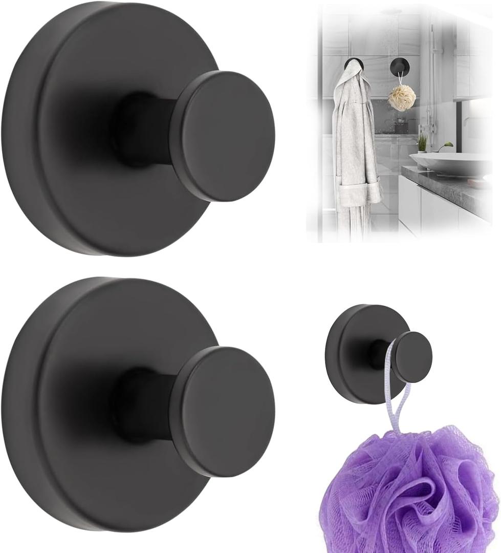 2 PCS Suction Cup Hooks for Shower, 15 lbs (max) Removable Towel Hooks for Bathroom Window Glass Door Wall, Versatile Black Shower Hook, Bath Robe Looafh Hook for Hanging - Black