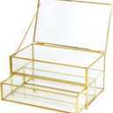 ZEXALOR 2-Tier Vintage Clear Desk Organizer with Drawer,Gold Decorative Storage Boxes,Jewelry Holder Display Tray Trinket Boxes Glass Memory Keepsake Box Dresser Vanity Wedding Decor Gifts(Gold)
