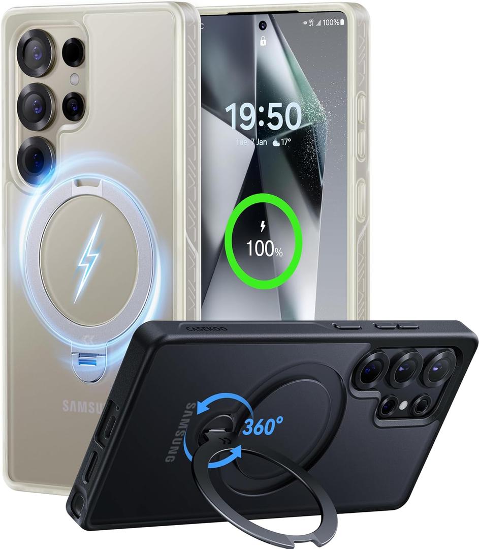 CASEKOO Patented 360 Spin Magnetic Stand for Samsung Galaxy S25 Ultra Case [18FT Military Drop Protection] [Compatible with MagSafe] Translucent Slim S25 Ultra Case 6.9'' 2025, Translucent White