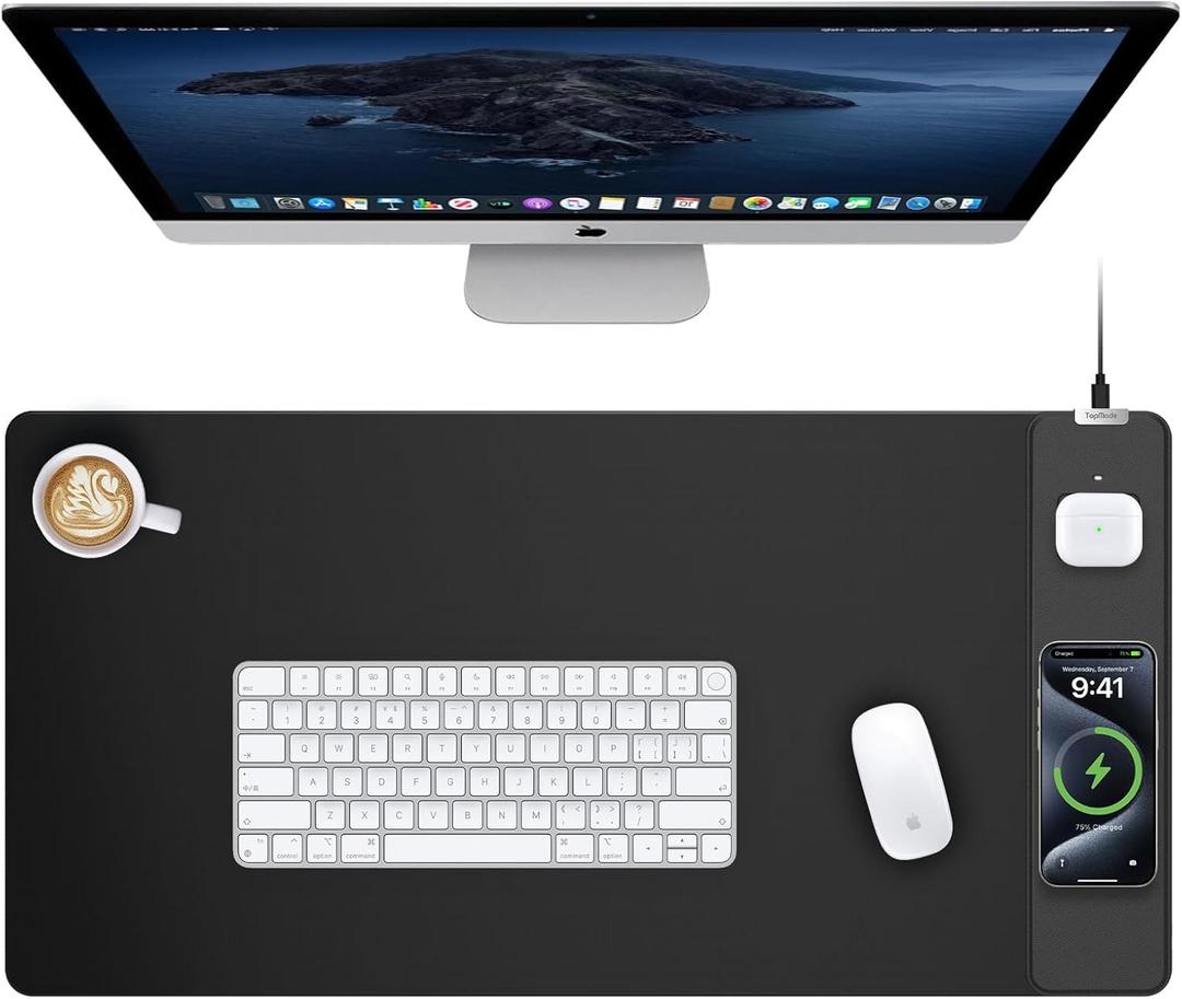 TopMade Mouse Pad with 15W Wireless Charging, Gaming Mousepad Home Office Large Desk Pad with Ultra-Smooth Surface, Non-Slip Base, Waterproof Keyboard Pad, Classic Black Desk Mat