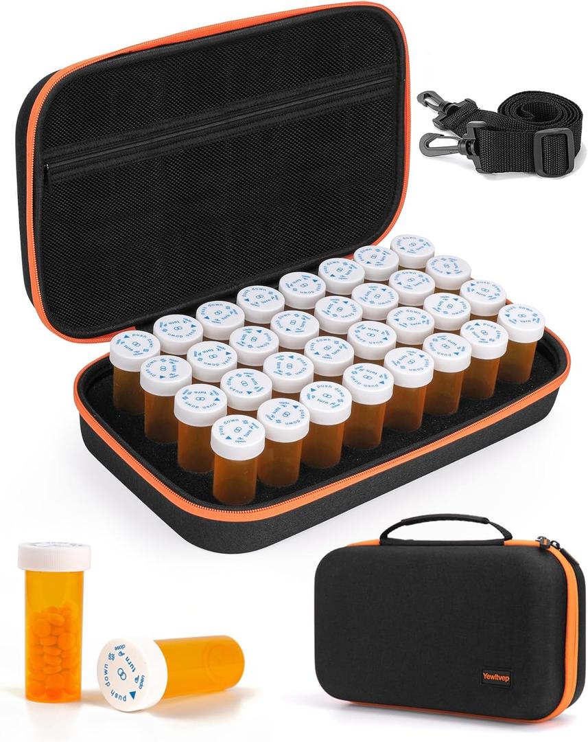 32 PCS Empty Pill Bottles with Carrying Case for Prescription Medication, 8DR Plastic Prescription Bottle with Child Proof Caps, Push Down and Turn, Prescription Vial, Medicine Container