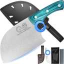 XYJ Authentic Since 1986,Heavy Duty Large Meat Cleaver,Serbian Chef Butcher Knife with Case,Chefs Vegetable Kitchen Knife,Full Tang for Outdoor Camping,Wood Handle with Sheath (Blueish Green Wood)