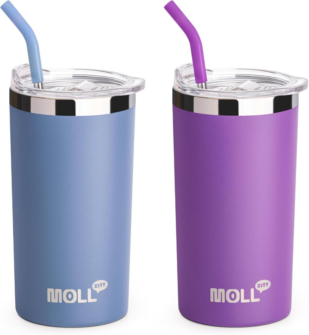 Mollcity Tumbler with Lids and Straws 12 oz Stainless Steel Double Wall Vacuum Insulated Skinny Tumbler for Girls, Leak Proof and BPA Free (Purple Pink-Blue)