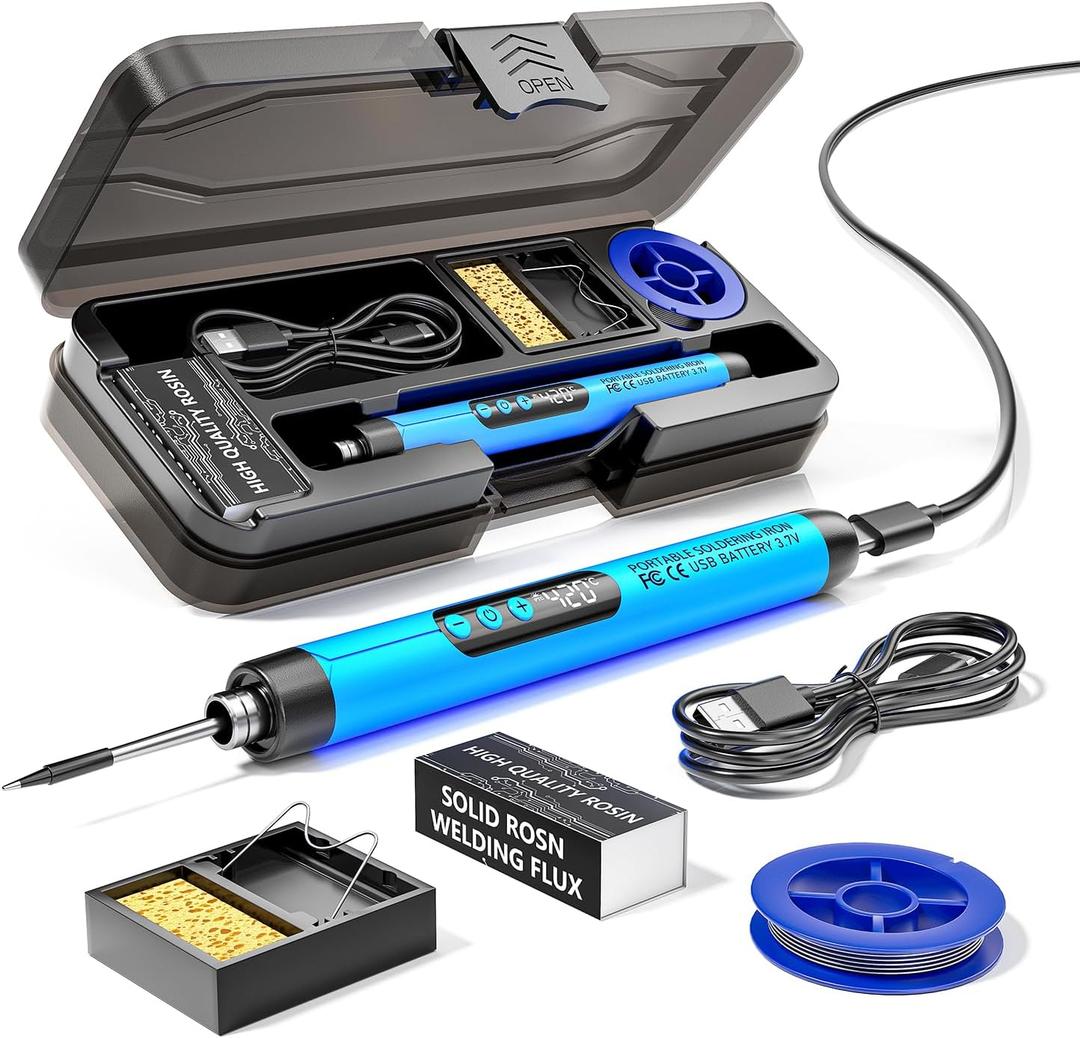 Cordless USB Rechargeable Portable Soldering Iron, Digital adjustable display screen, Heating Core, Soldering Iron Cord, Rosin, Soldering Iron Stand, Storage Case (Blue)