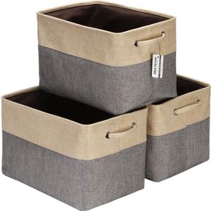 Sea Team 3-Pack Large Storage Basket Set, Trunk Organizer, Clothes Toys Bin, 15 x 10 x 10 Inches, Big Rectangular Canvas Fabric Collapsible Shelf Box with Handles for Kids Room (Grey/Beige)