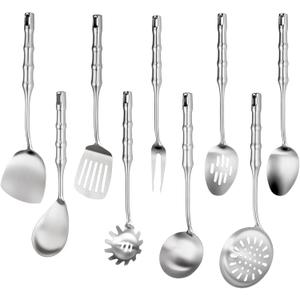 18 10 Stainless Steel Cooking Utensils Set,9pcs Kitchen Utensil Sets Metal 14 inch Long Heavy Duty Kitchen Tools Dishwasher Safe, Include Spatula Soup Ladle, Slotted Skimmer Spoon, Spaghetti