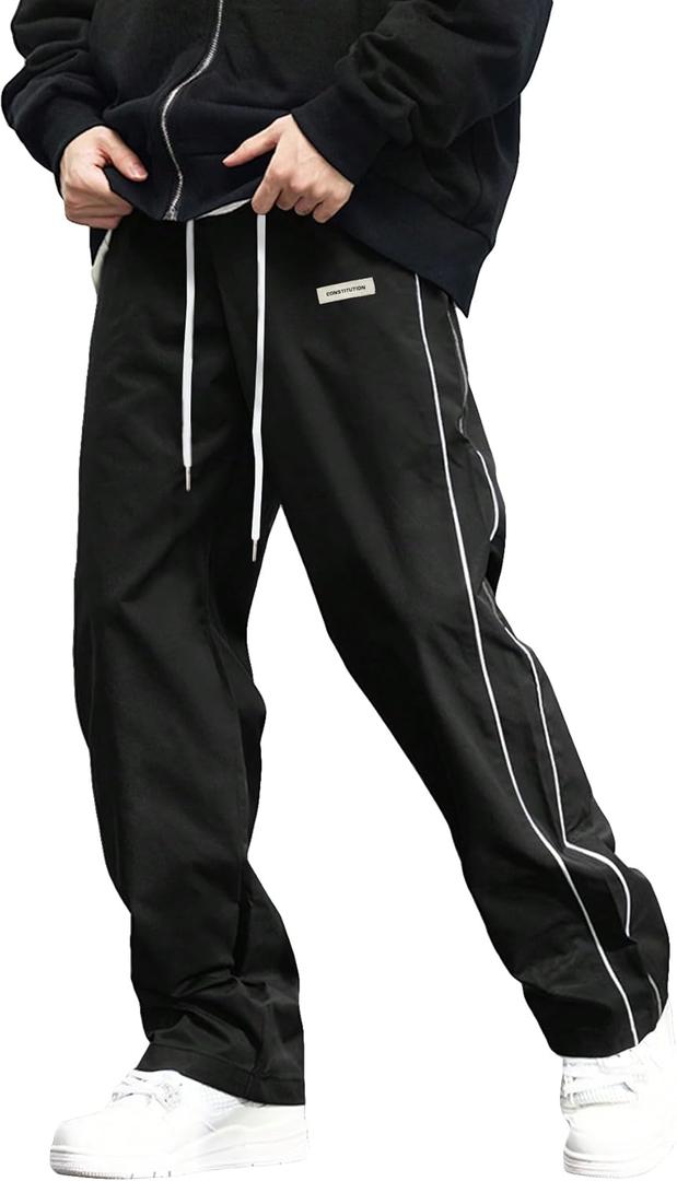 Verdusa Men's Track Pants Straight Leg Acitve Streetwear Elastic Waist Parachute Pants with Pockets (Medium, Black)