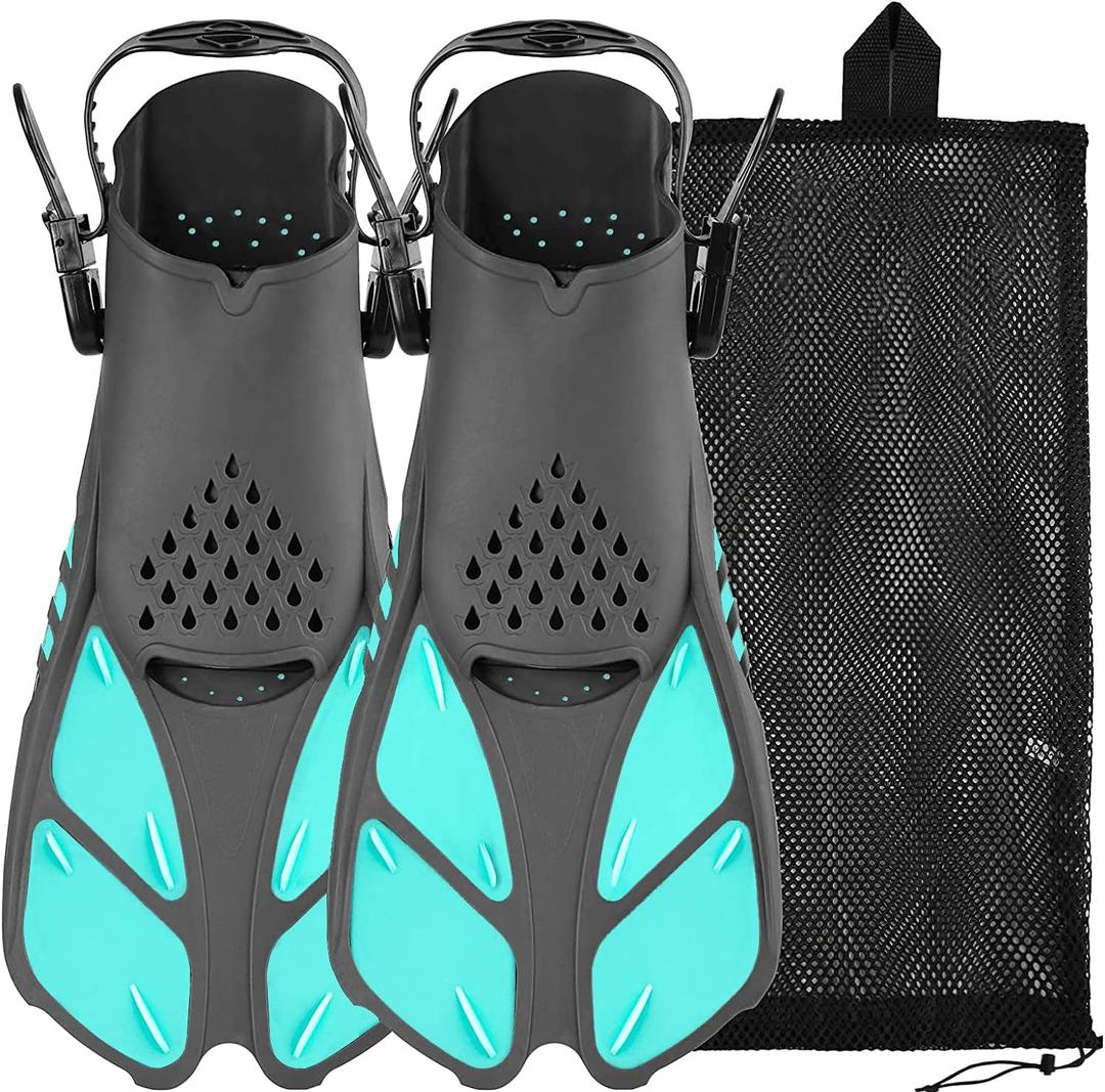 Sugaroom Swim Fins Open Heel, Adjustable Snorkel Fins Diving Fins with Mesh Bag, Snorkeling Gear Flippers Travel Size Short Flippers for Lap Swimming Scuba Dive Adult Men Women Kids (Green)
