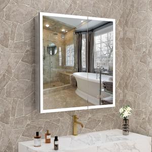 30" x 32" Bathroom LED Medicine Cabinet, Lighted Mirror with 3-Color Lights, Defogger, Stepless Dimming, Large Storage, Double Door