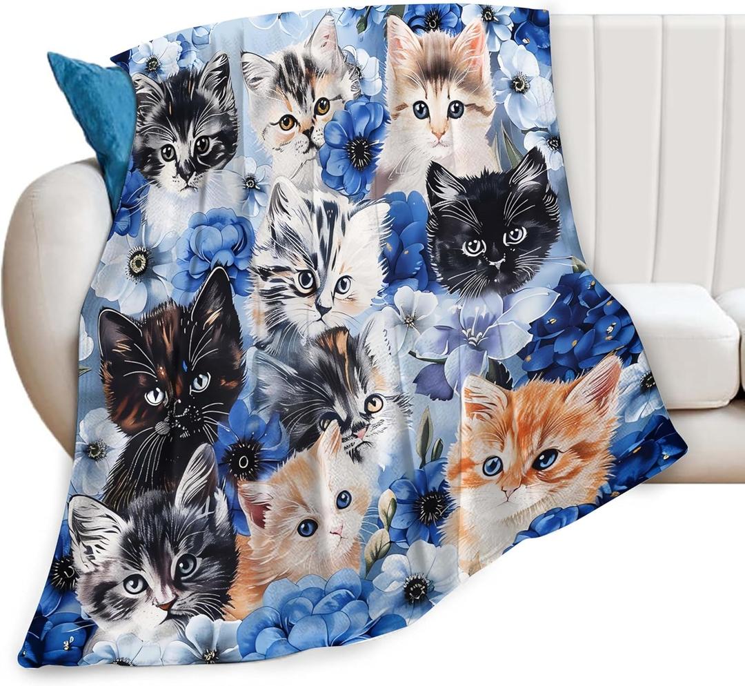 Cat & Flower Decor Animal Throw Blanket - Gifts for Kids & Adults, Warm Soft Plush Lightweight Fleece Flannel Blanket, 50"X40"
