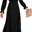 PRETTYGARDEN Women's 2025 Spring Fall Midi Dress Casual Long Sleeve V Neck Swiss Dot Pleated A Line Flowy Dresses (Black, Large)