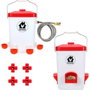 Automatic Chicken Feeder and Waterer Set Hanging Chicken Waterer 3 Gallon Poultry Water Feeder with Nipples and Feeding Ports No Waste,Chicken Coop Accessories (13.65x9.752in, Red)