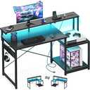48-Inch Carbon Fiber Black Gaming Desk with LED Lights, Power Outlet, Printer Shelves, Reversible Design & Monitor Shelf
