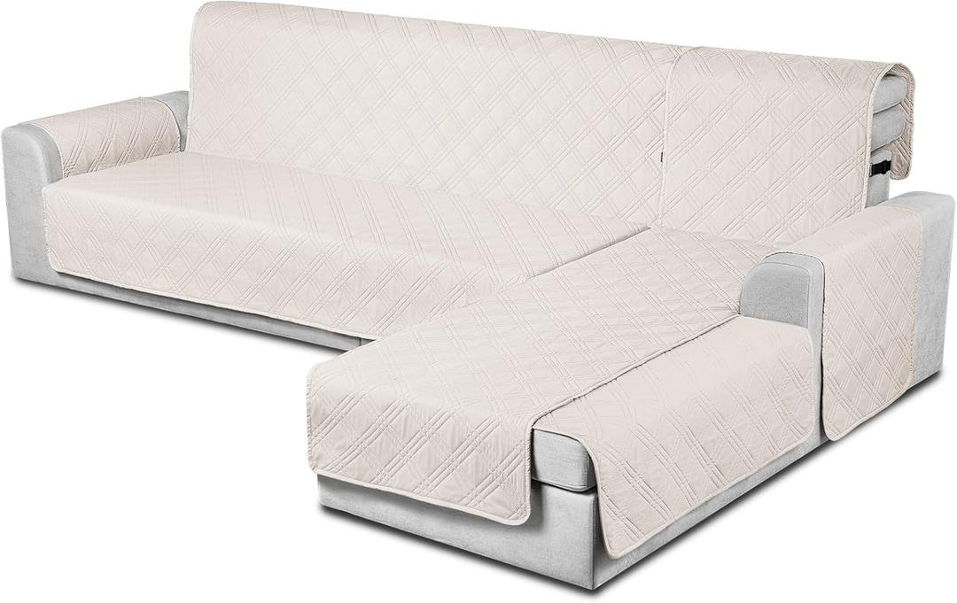 TAOCOCO 100% Waterproof Sectional Couch Covers L Shaped Sofa Covers 3pcs Chaise Lounge Cover for Pet Kids, Reversible Couch Covers for Sectional Sofa Ottoman with Elastic Straps(X-Large, Cream)