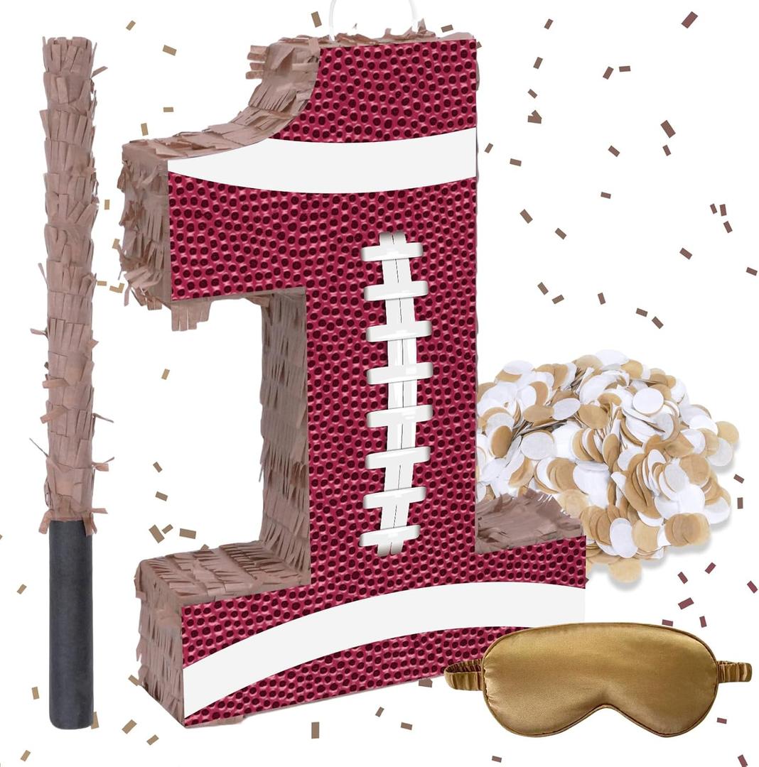 16Inch Football Number 1 Piata Includes Blindfold, Wooden Stick and Confetti for Game Day Tailgate Party Decorations - 15.8"x 11x 2.76