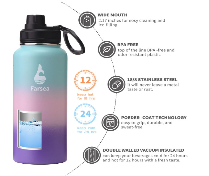 Farsea Insulated Water Bottle With Paracord Handle, Protective Boot and 2 Lids (Straw Lid & Spout Lid), Stainless Steel Water Bottle Wide Mouth, Double Wall Sweat-Proof BPA-Free, 32 oz