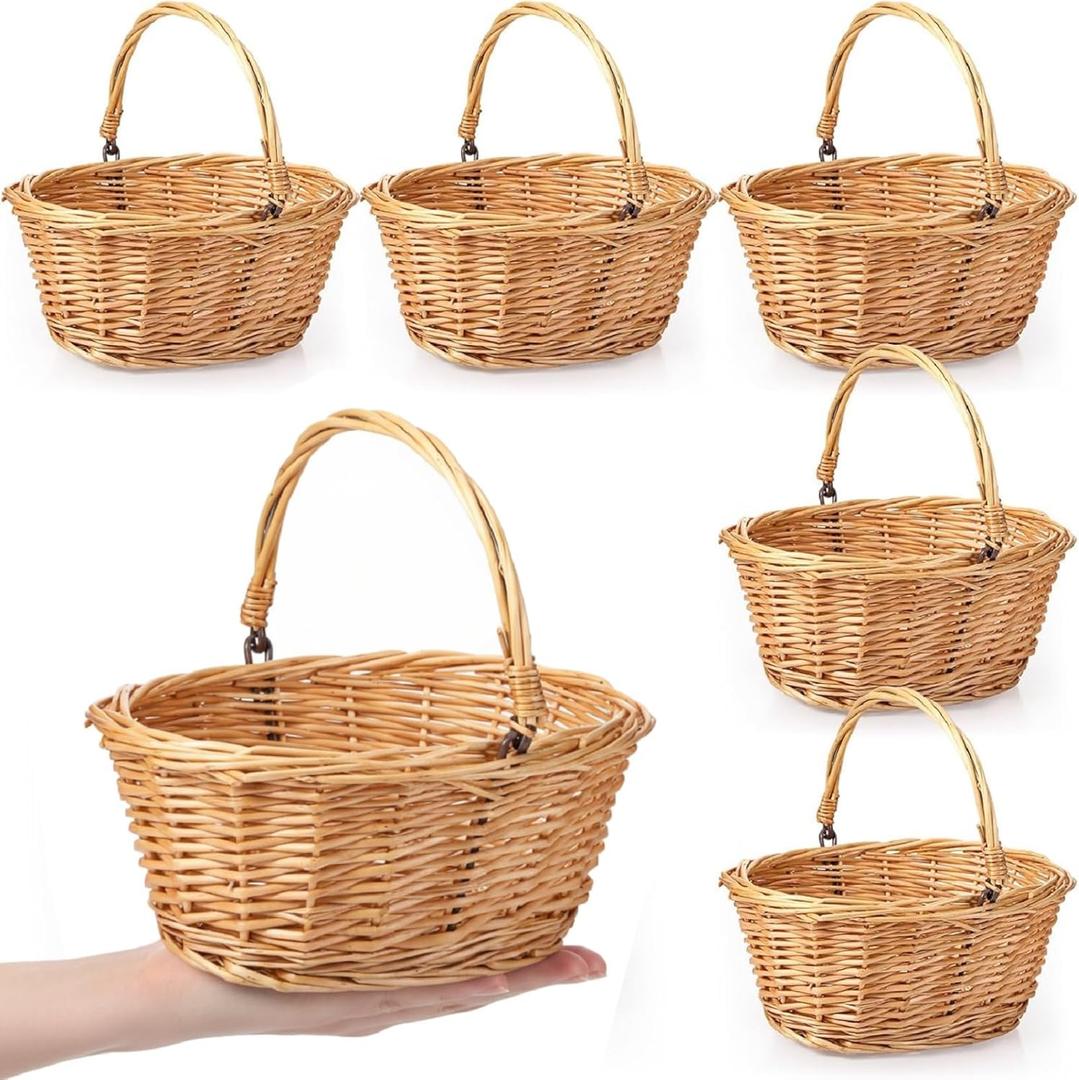 Barydat 6 Pcs Small Wicker Picnic Basket with Handle Flower Girl Baskets Oval Willow Woven Braided Gift Basket for Easter Weddings Baby Shower Home Garden Decor (Khaki,9" x 7" x 4")