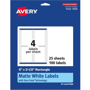 Avery Matte White Rectangle Labels, Sure Feed Technology, 5" x 3.5", 100 Matte White Printable Labels