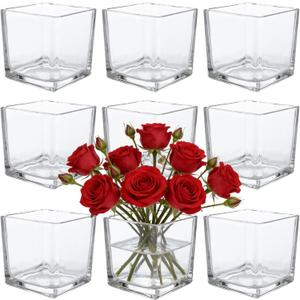9 Pack 4 x 4 x 4 Inch Square Glass Vases, Clear Square Vases for Centerpieces, Glass Cube Flower Vases Short Vases for Candle Holder Events Wedding Party Home Decoration