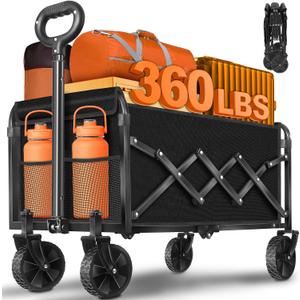 Wagons Carts Foldable,360lbs Collapsible Wagon with Wheels, Lightweight Foldable Wagon Cart with Drink Holders for Camping,Travel,Picnic,Shopping,Sports,Storage,Fashion Black