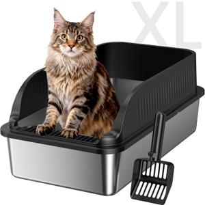 Stainless Steel Litter Box with High Sides, Include Scoop, Black