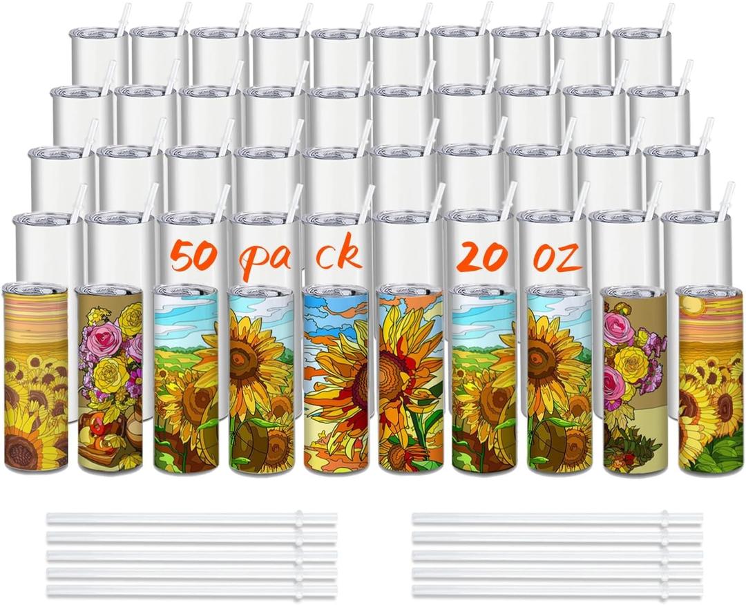 50 Pack 20oz Sublimation Tumbler Blanks (Skinny Straight) in Bulk, 25