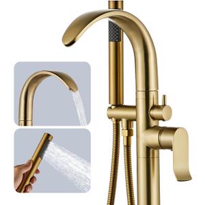 Freestanding Tub Filler Bathtub Faucet Stand Alone Gold Waterfall High Flow Brass Brushed Gold, Stand up Unique Floor Mounted Modern Tub Faucet with Hand Shower