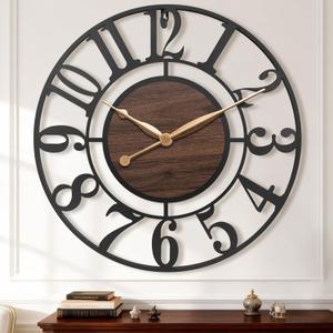 16 Inch Large Wall Clock,Modern Decorative Black Metal Silent Battery Operated Big Arabic Numeral Wall Clock for Living Room,Bedroom,Kitchen,Office,Farmhouse,Housewarming Gift (Brown)