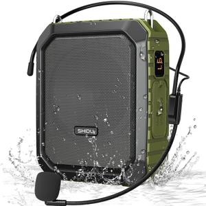 SHIDU Voice Amplifier for Teacher with Portable Microphone and Speaker, 18W Megaphone with Wired Mic Headset, IPX5 Waterproof & Rechargeable Bluetooth Speaker Systems for Tour Guide (NOT Wireless) (Green)