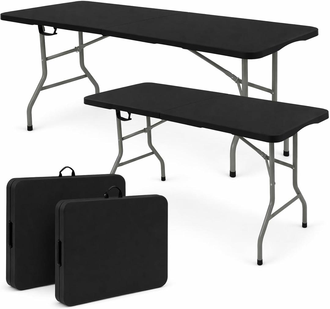 Set of 2 Folding Table 6 FT Lightweight Camping Table Black Portable Plastic Rectangular Outdoor Dining Table Steel Legs Fold-in-Half with Carrying Handle for Indoor,Picnic,Party,Wedding,Events