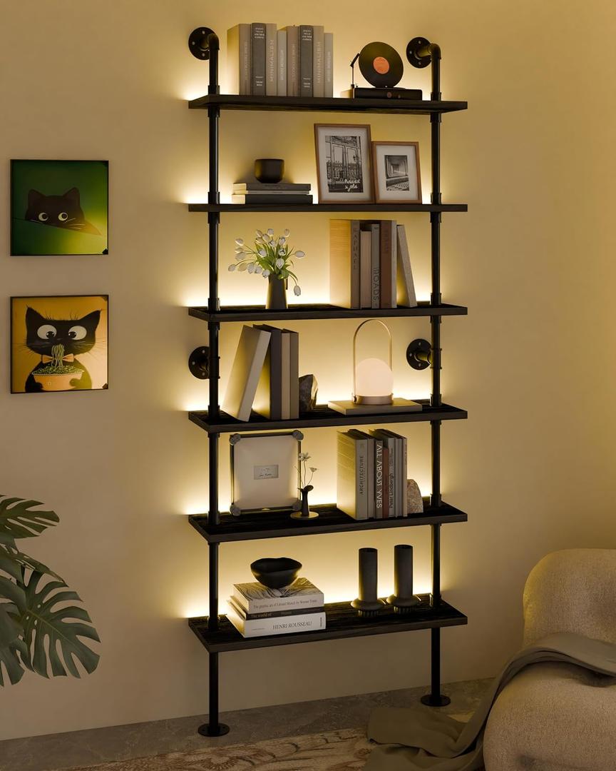 6-Tier LED Ladder Shelf, Wall Mounted Pipe Bookshelf, Black 36 Inch | Solid pine 6-tier wall mounted pipe bookshelf with warm LED lights, 40 lb shelves, for books, plants and decor